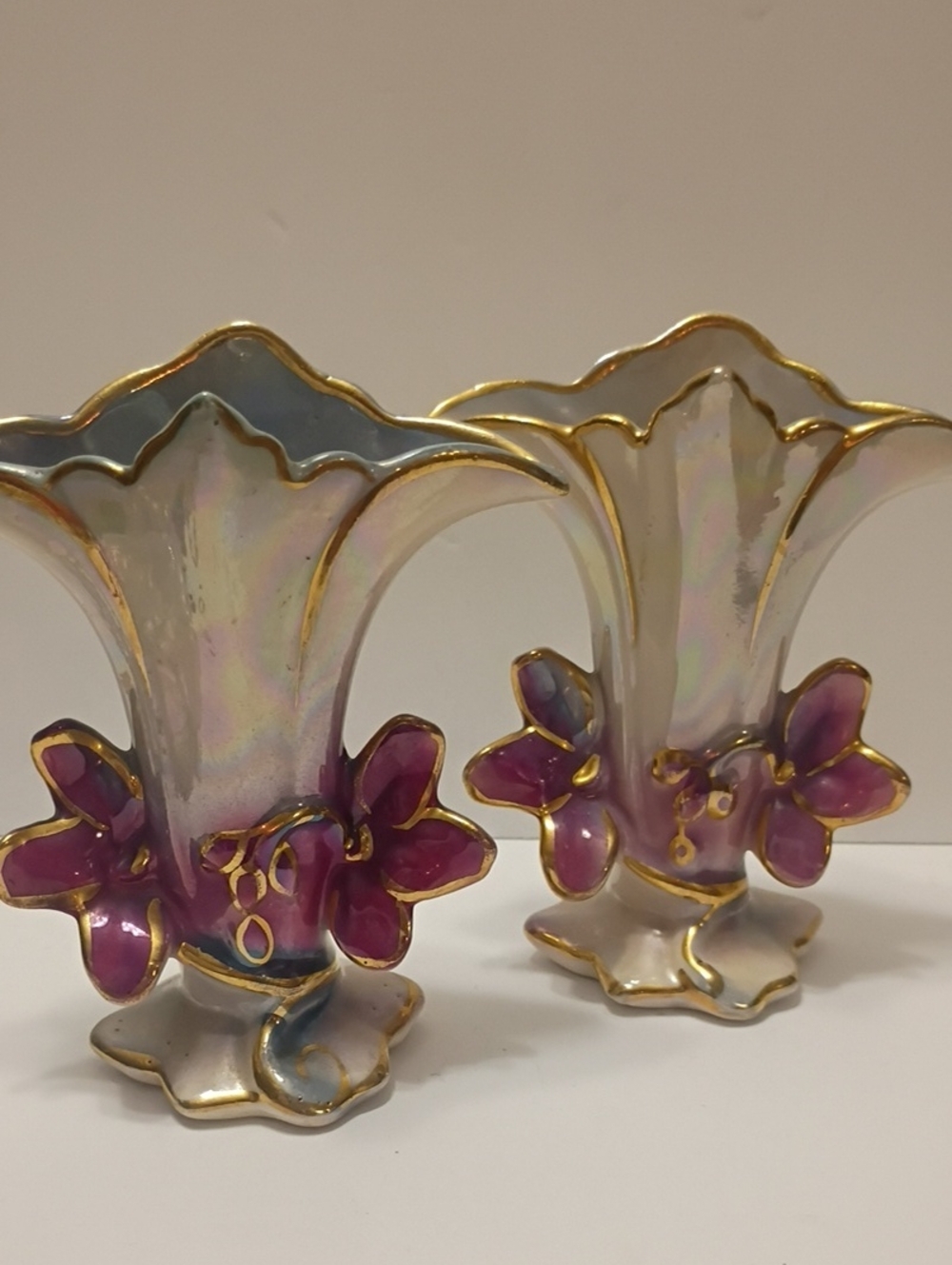 Mid Century Goldra E Palestine Lusterware Floral Porcelain Vase Pair